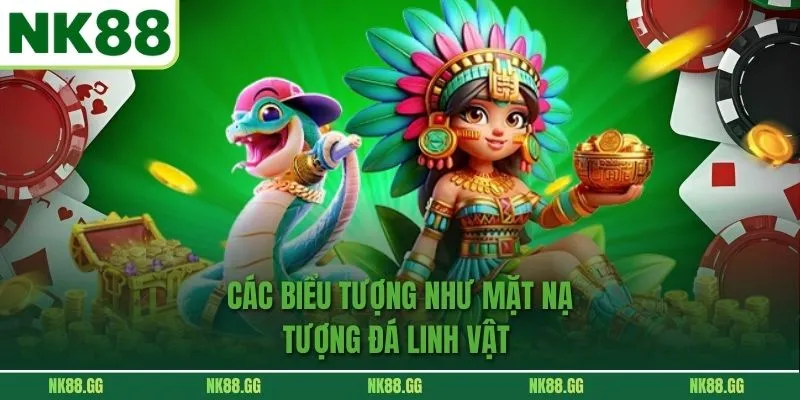 Các biểu tượng như mặt nạ, tượng đá, linh vật 